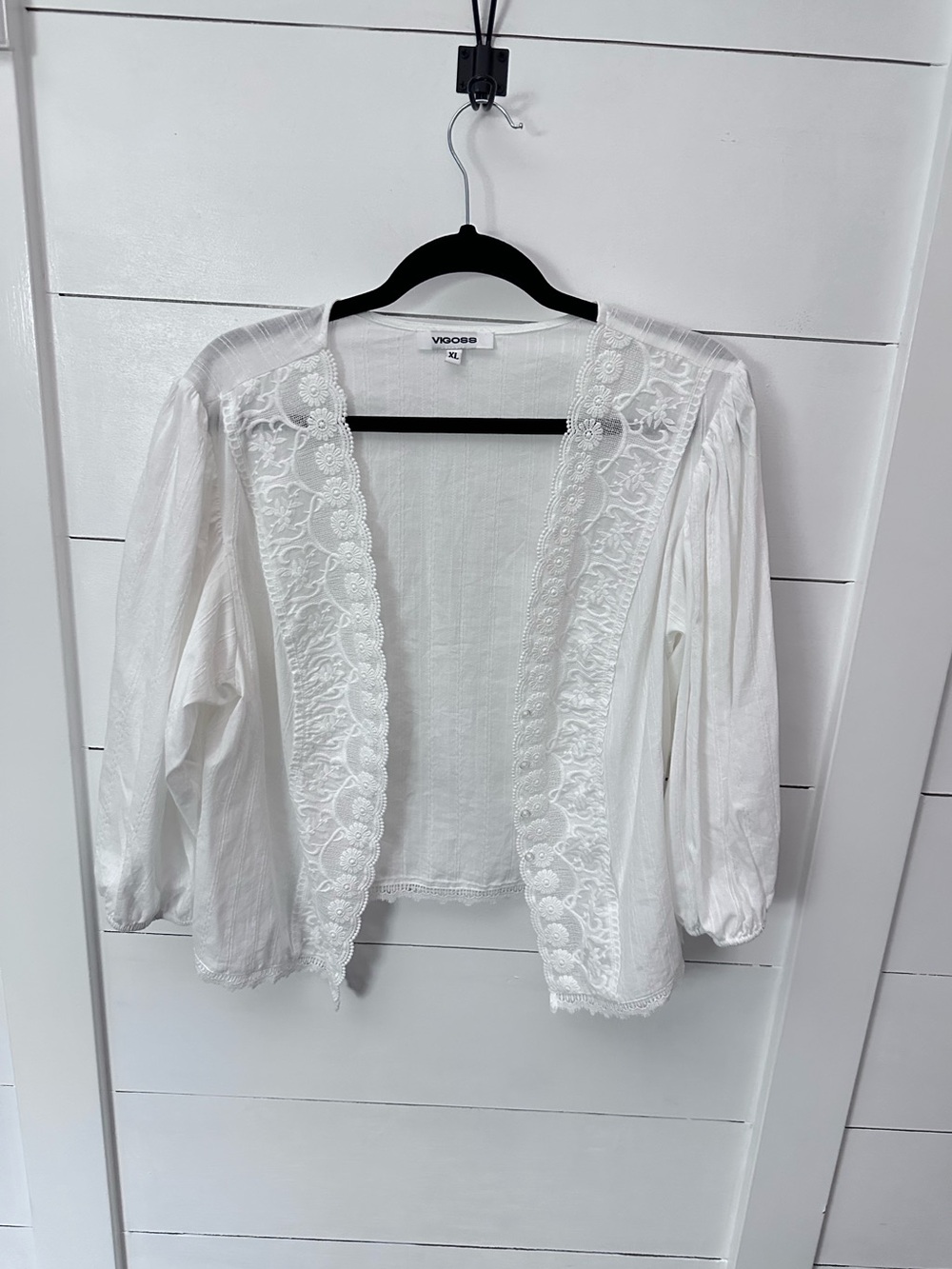 Vigoss XL white open pleated shoulder cottagecore boho chic lace trim jacket